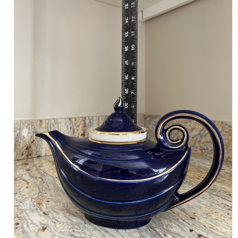 Hall Vtg Aladdin China Teapot Blue Gold Accent 6 Cup Teapot with Strainer 1930s - Picture 5 of 7